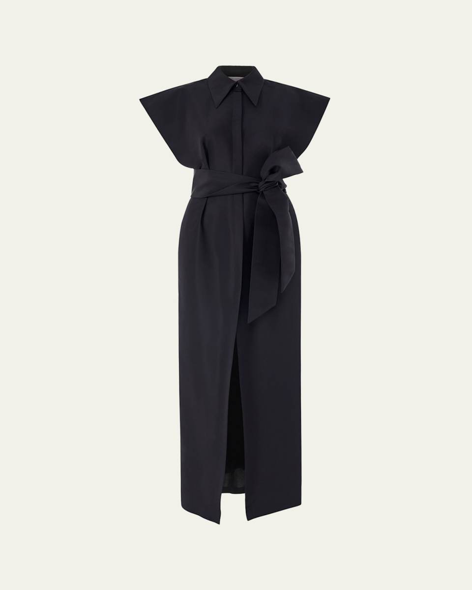 Cap-Sleeve Belted Column Trench Gown